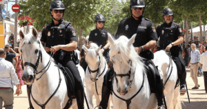 Policías en caballos en una calle de Granada con gente y árboles en el fondo.