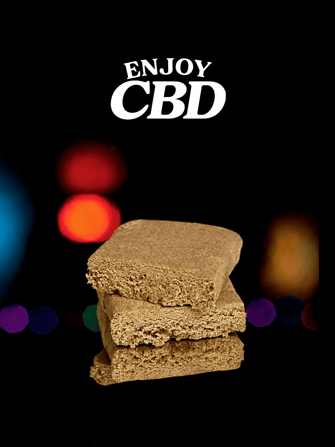 Galletas de CBD con fondo oscuro y luces de colores difusas.