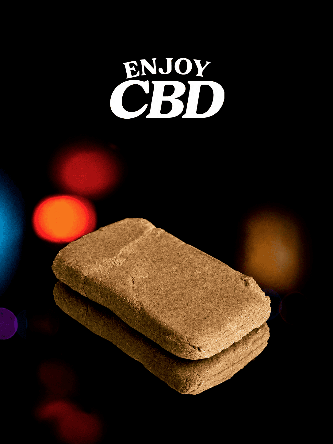 Producto de CBD en envase sólido con fondo oscuro y luces difusas.