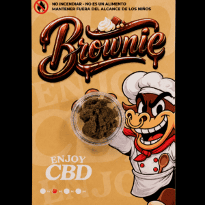 Producto de CBD en polvo con temática de brownie y chef cartoon.