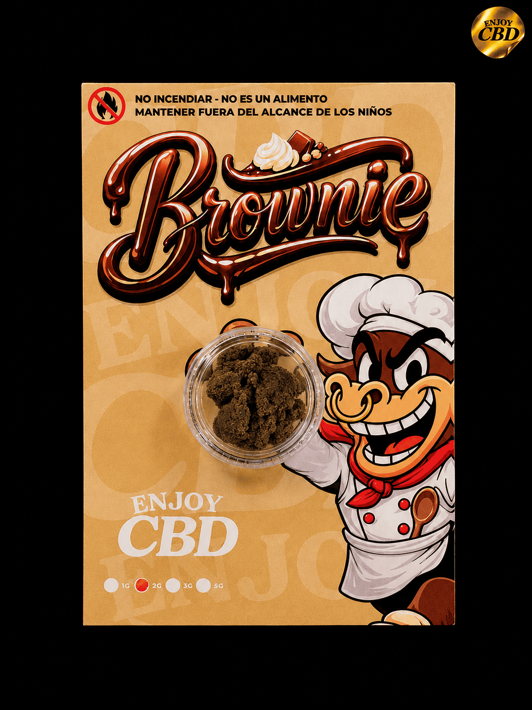 Producto de CBD en polvo con temática de brownie y chef cartoon.
