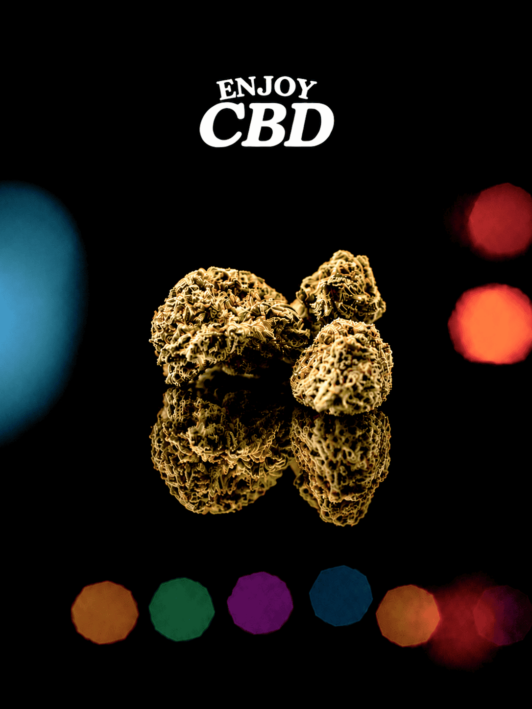 Cáñamo CBD Crocodile Bite SB 10g, flor de cáñamo con CBD en un fondo negro con luces de colores.