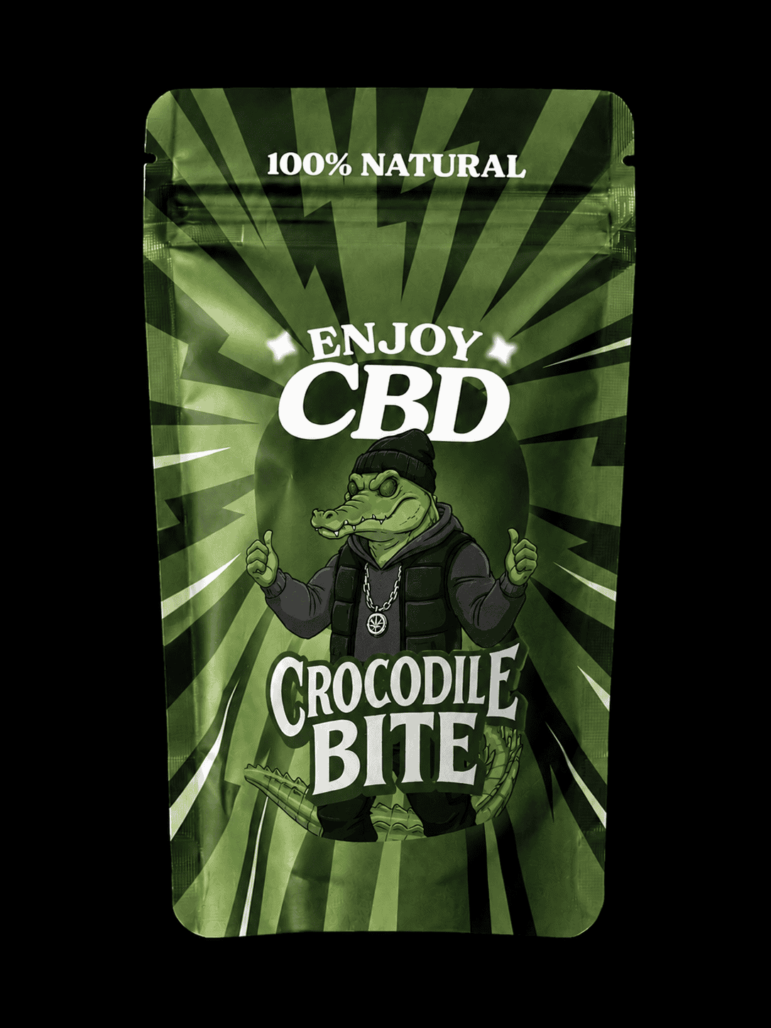 Paquete de Enjoy CBD Crocodile Bite 10g con diseño de cocodrilo y fondo verde.