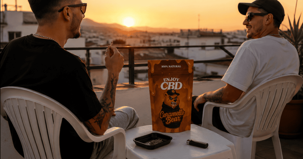 Dos hombres en un balcón disfrutando del atardecer con un producto de CBD Enjoy CBD.