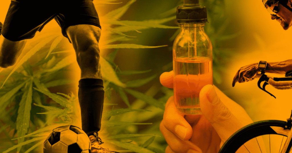 Bote de CBD con líquido en mano, fondo con jugador de fútbol y hojas de cáñamo.