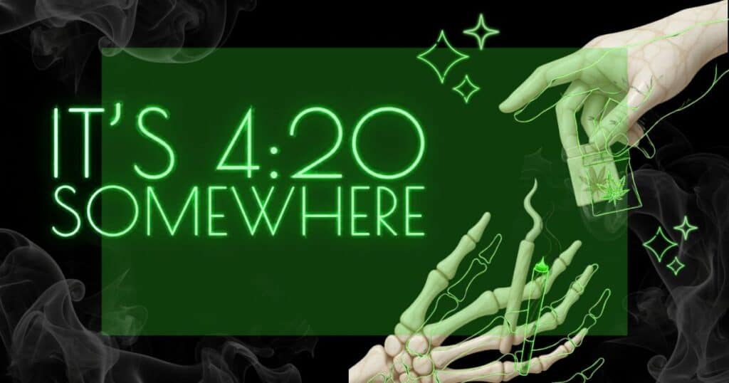 Ilustración con manos de robot y humo, mensaje 4:20 en verde y texto Somewhere.