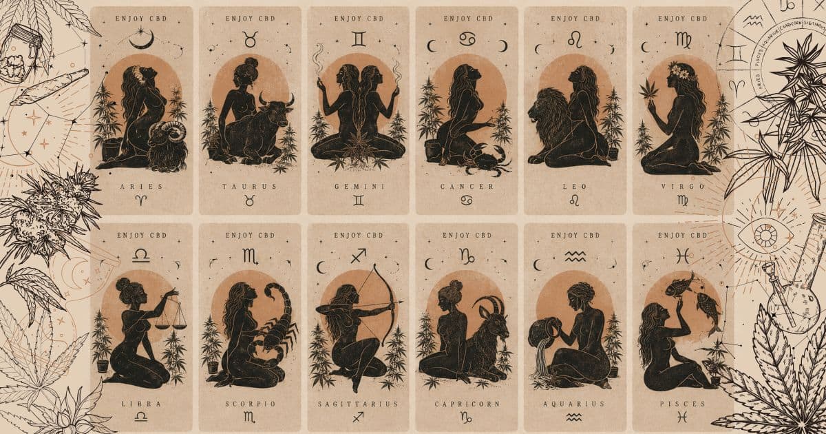 Ilustración de signos zodiacales con motivos de cannabis y plantas de cáñamo.
