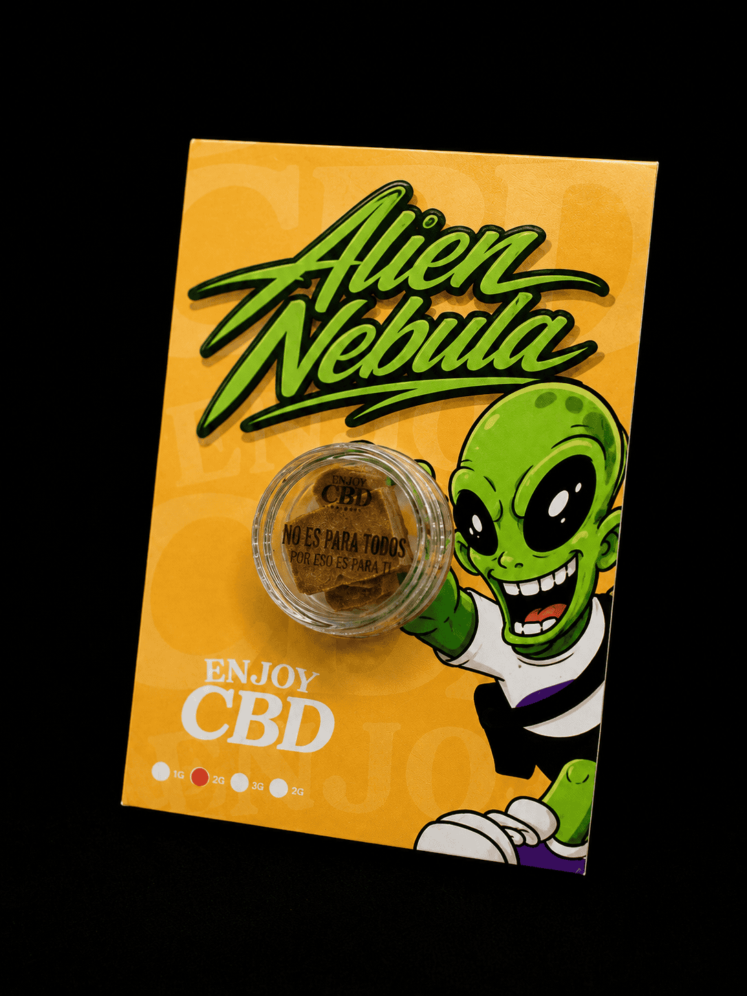 Paquete de EnjoyCBD con temática de nebulosa alienígena y personaje verde.