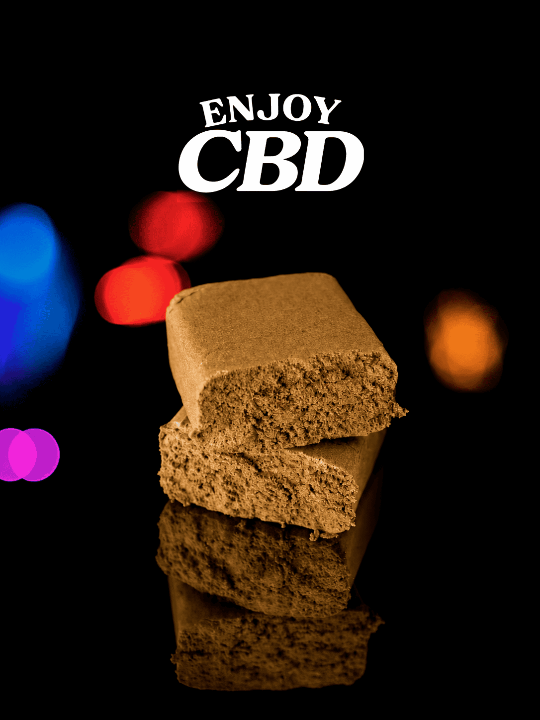 Galleta de CBD con fondo de luces de colores y texto EnjoyCBD.