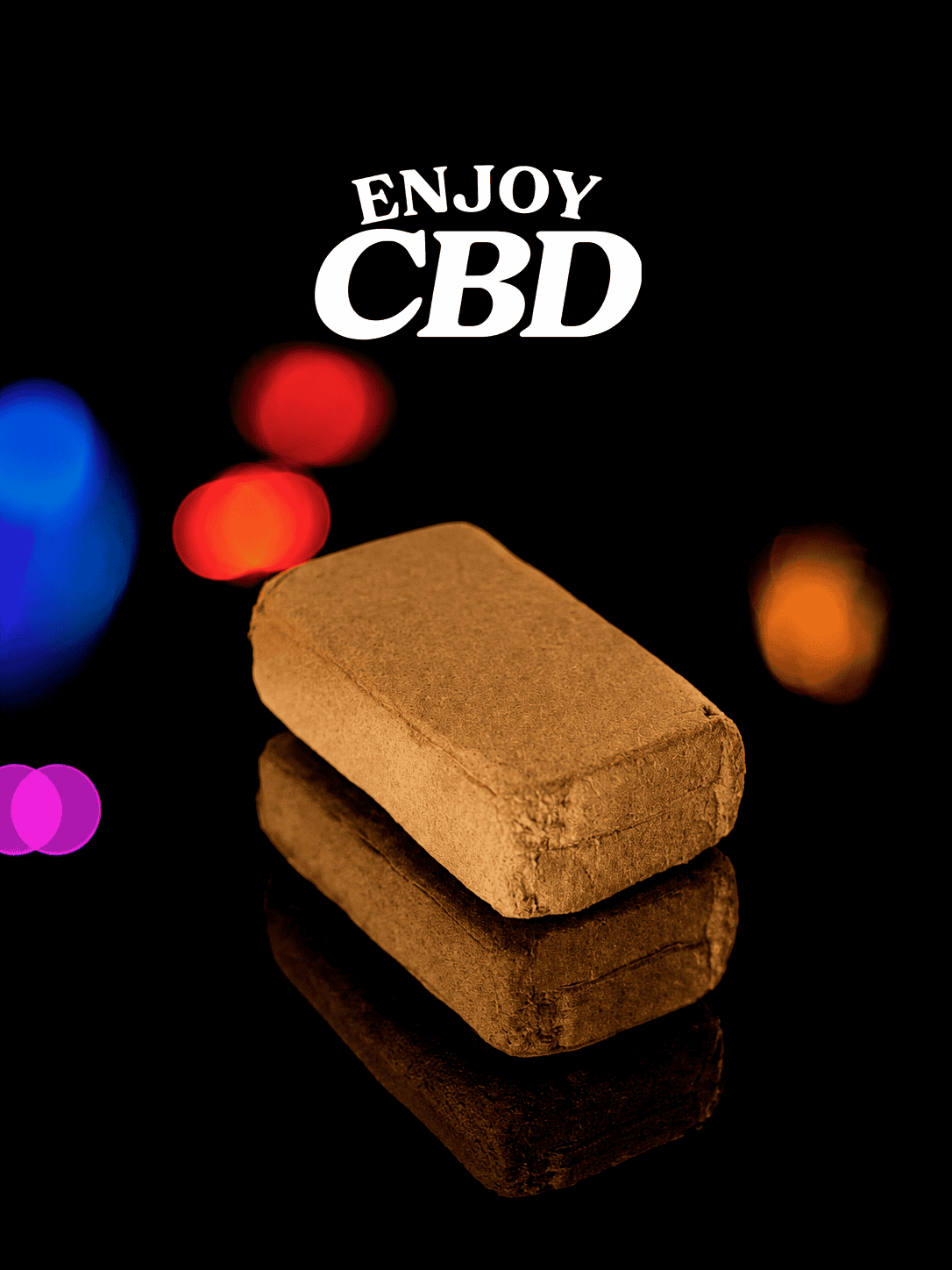 Tableta de CBD con fondo de luces de colores difusas.