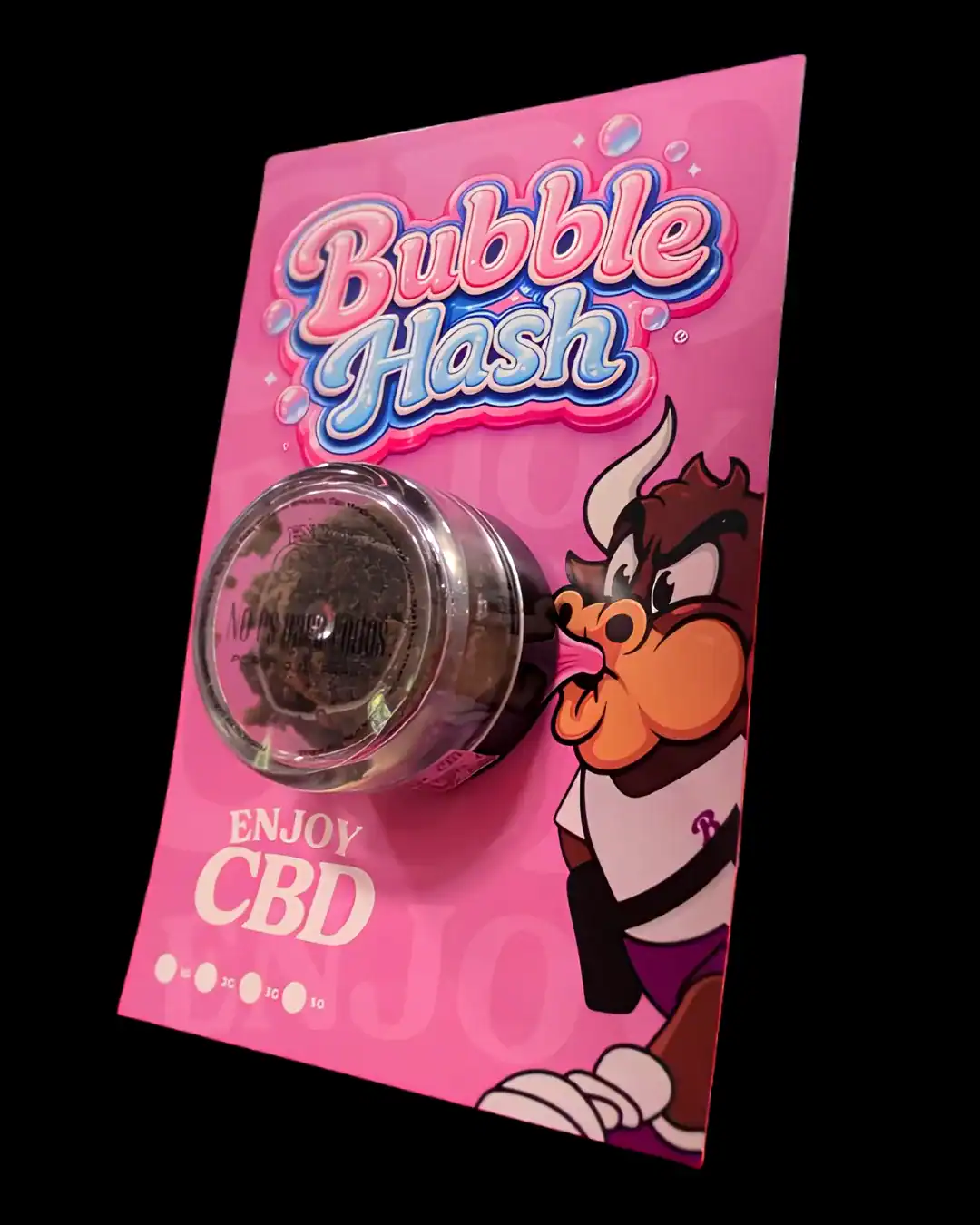 Bubble Hash EnjoyCBD con personaje de caricatura en paquete rosa.