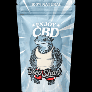 Paquete de CBD EnjoyCBD Deep Shark SB 10g con diseño de tiburón tatuado.