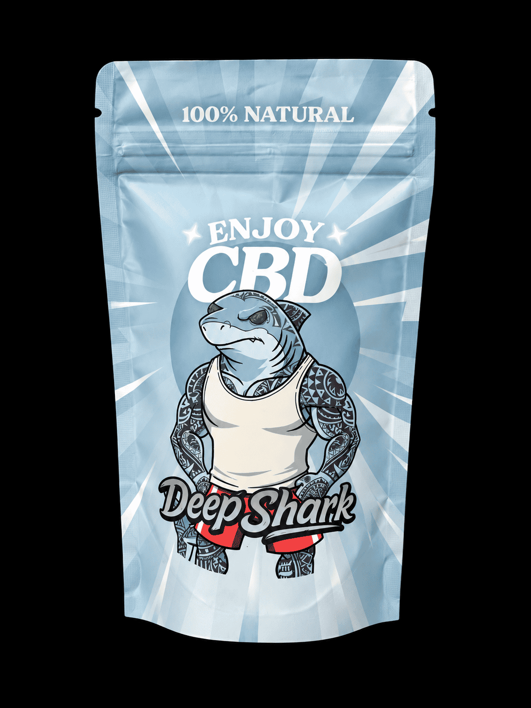 Paquete de CBD EnjoyCBD Deep Shark SB 10g con diseño de tiburón tatuado.