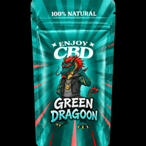Paquete de CBD EnjoyCBD Green Dragoon con dragón en diseño vibrante.