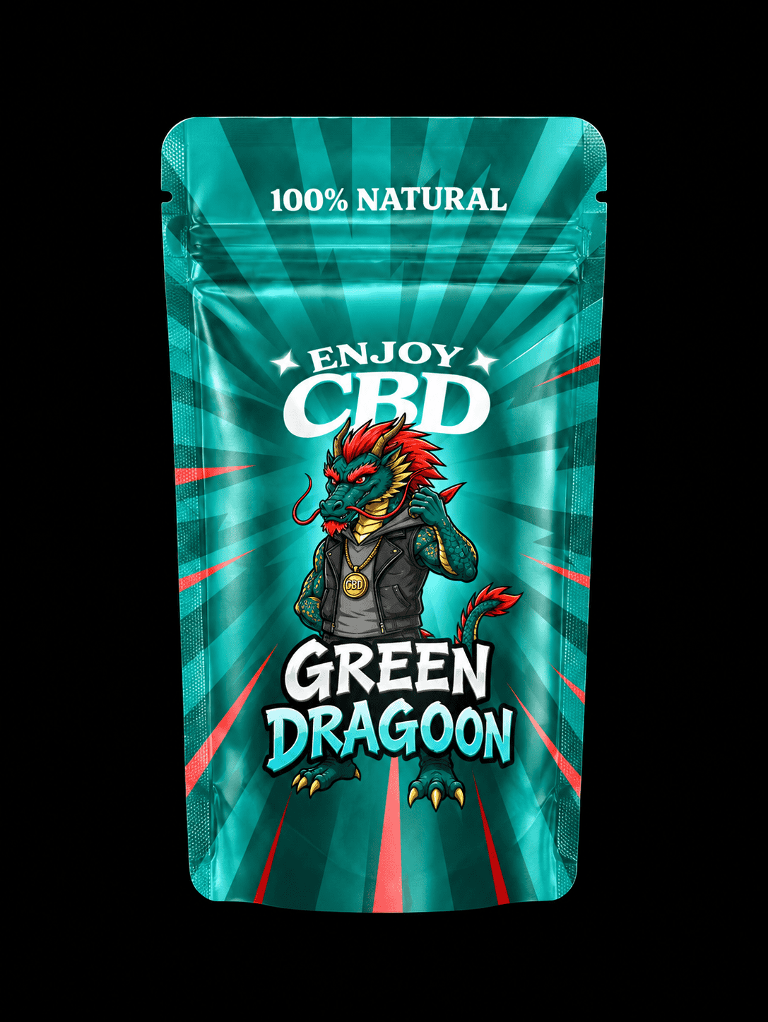 Paquete de CBD EnjoyCBD Green Dragoon con dragón en diseño vibrante.