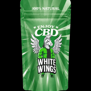 Paquete de CBD EnjoyCBD White Wings SB-10g con diseño de unicornio y alas.