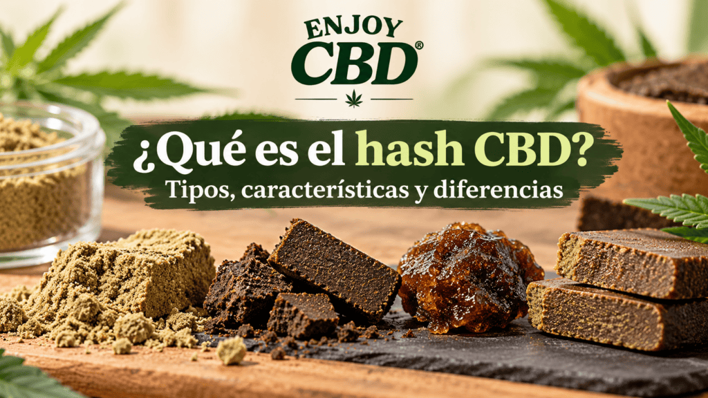 Variedad de hash CBD en diferentes texturas y colores, con hojas de cáñamo verdes en el fondo.