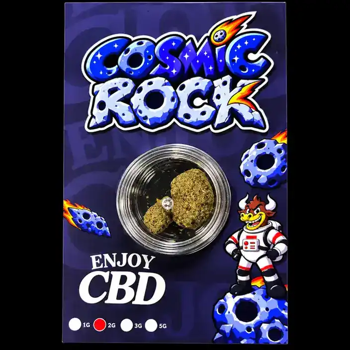 Cosmic Rock, producto de CBD en polvo con diseño espacial y mascota divertida.