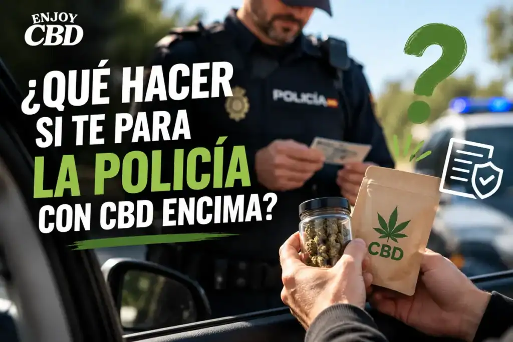 Persona entregando un paquete con símbolo CBD frente a un agente de policía durante un control.