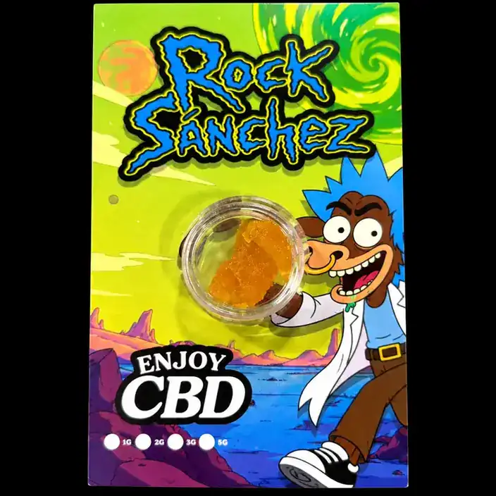 Gominola de CBD Rock Sanchez en envase colorido con personaje animado.