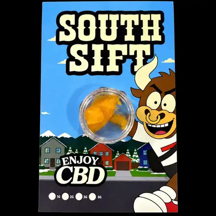SOUTH SIFT 2gr. CBD en envase con ilustración de toro y fondo de ciudad y montañas.