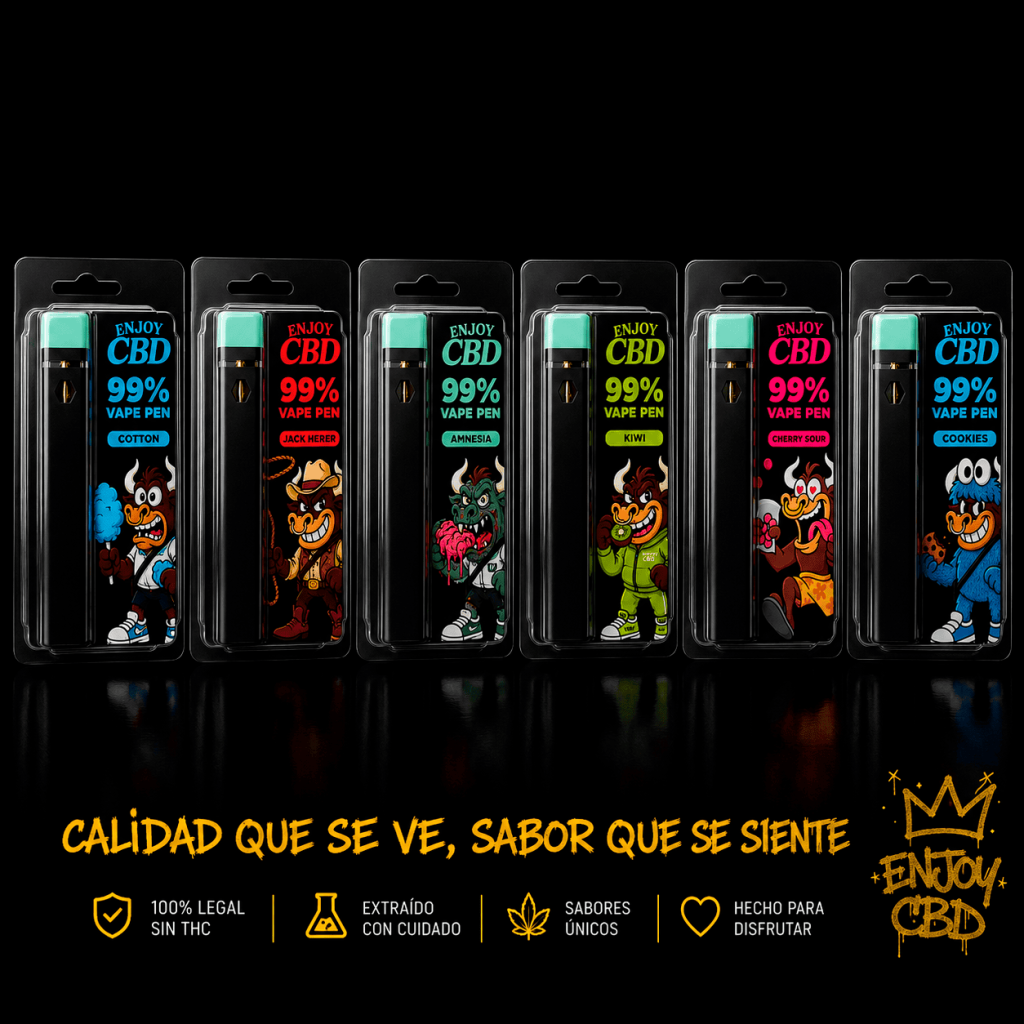 Vape pens de CBD con diferentes sabores y personajes divertidos.