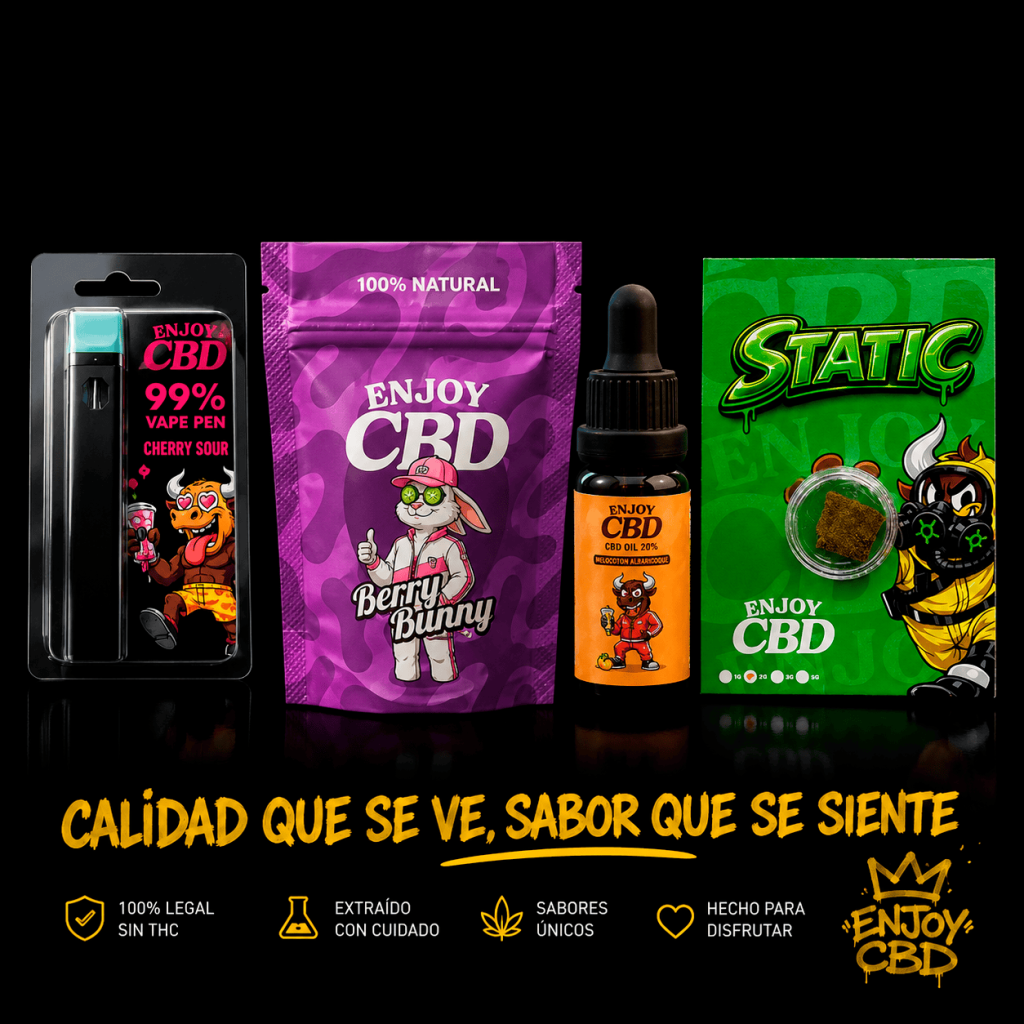 Variedad de productos CBD de EnjoyCBD en diferentes formatos.