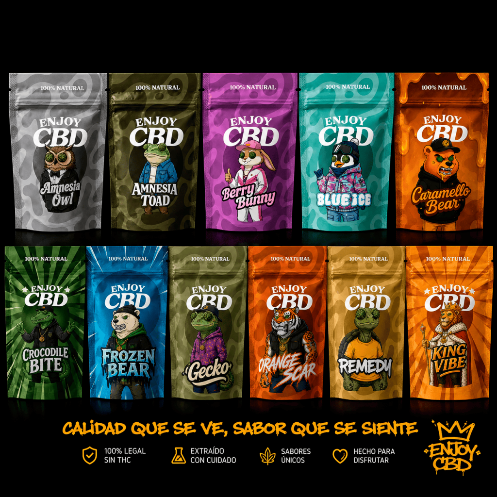 Variedad de productos CBD EnjoyCBD en diferentes sabores y diseños coloridos.