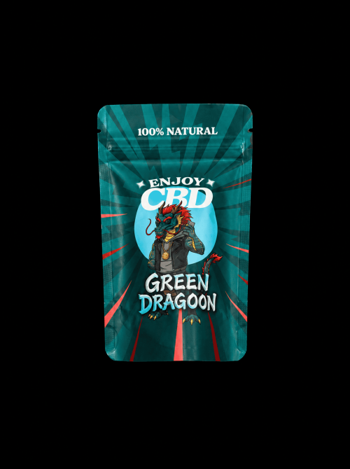 Paquete de CBD EnjoyCBD Green Dragoon 10G con diseño llamativo y natural.