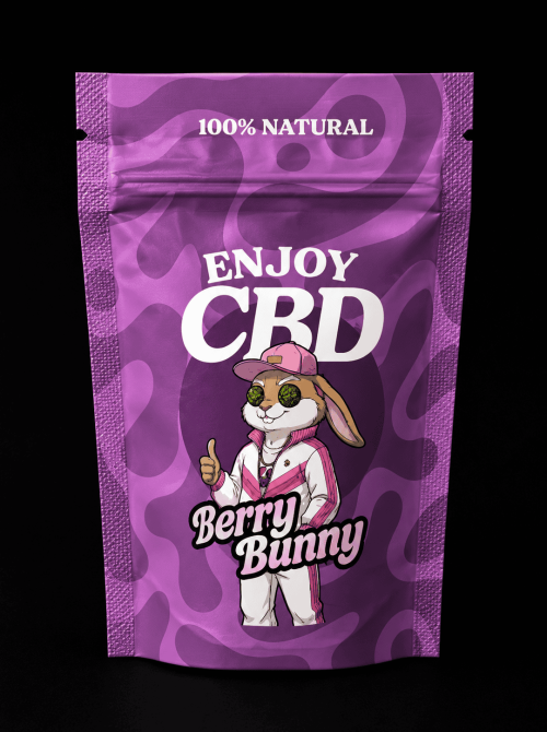 Paquete de Berry Bunny de 10g, producto de CBD natural en envase morado con conejo cartoon.
