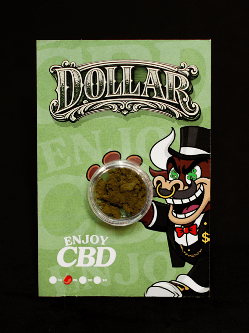 Dólar CBD en polvo con envase y personaje caricaturesco en fondo verde.