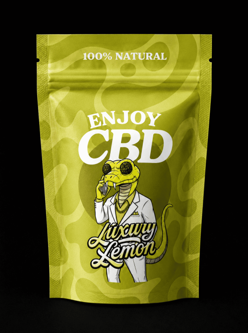 Paquete de Enjoy CBD Lemon 10g con diseño en verde y dibujo de serpiente con bata blanca.