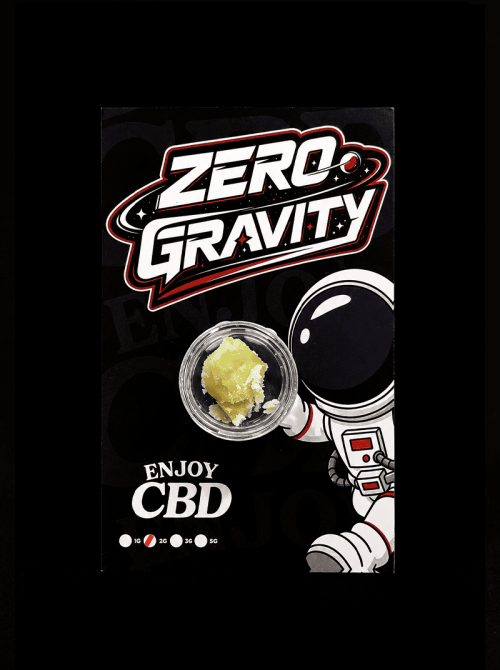 Zero Gravity CBD, producto en envase de 10g con contenido de CBD y cáñamo, con diseño de astronauta.